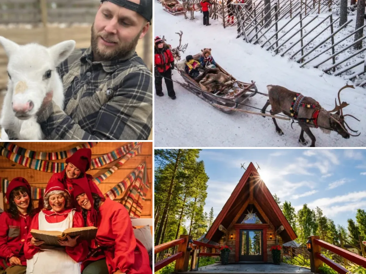 Poroajelu, Janne Körkkö ja poronvasa, tontut Mrs. Santa Clausin tuvassa sekä Kotahovin sisäänkäynti Joulupukin pajakylässä
