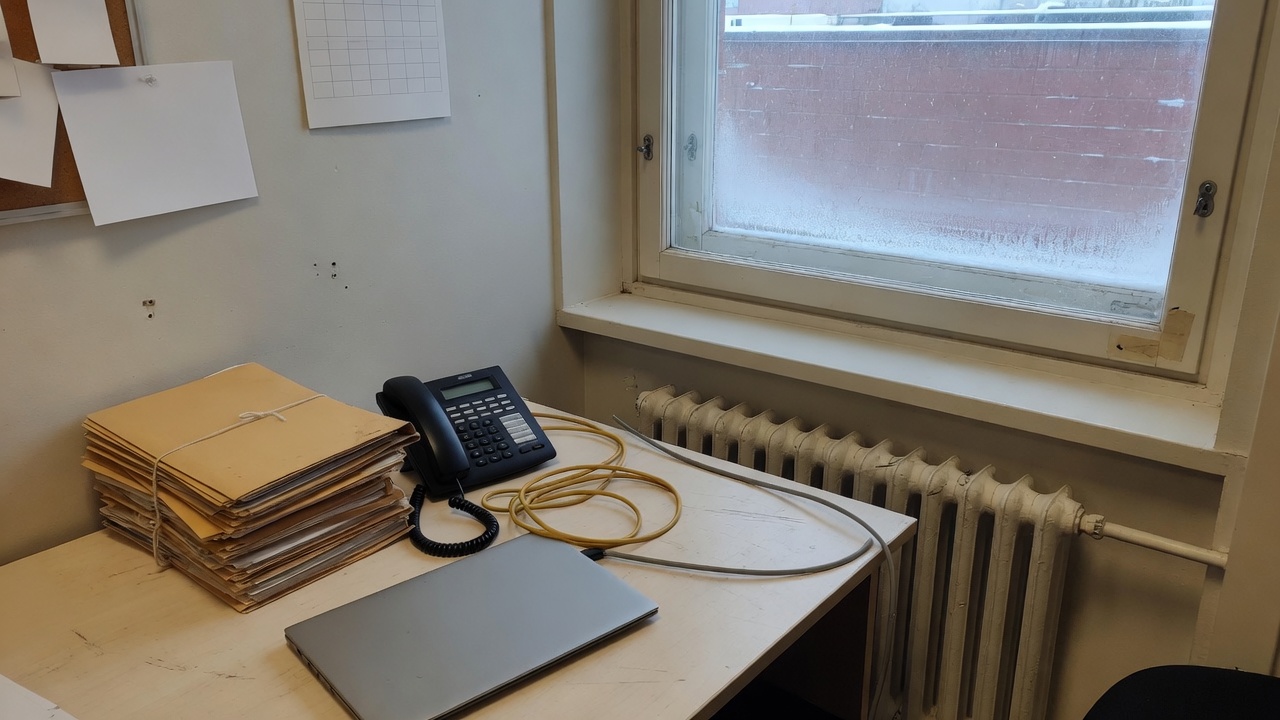 Toimistopöytä suomalaisessa yrityksessä: mappi, lankapuhelin, verkkokaapeli ja kannettava. NIS2-direktiivi on paperityötä, ei pelkkää tekniikkaa.